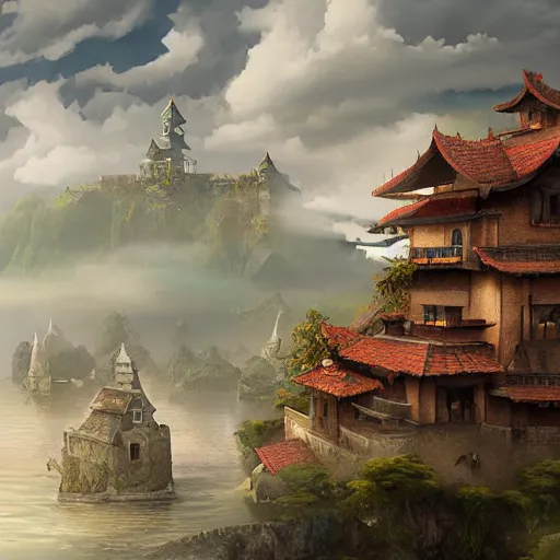 Image similar to beautiful matte painting of floating fort, mai anh tran,