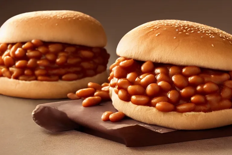 Image similar to mcdonalds baked beans between two sesame seed buns, commercial photograph