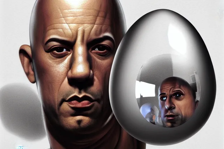 Image similar to egg cup with vin diesel head inside, silver egg cup, head is an egg, hyper detailed, digital art, artstation, cinematic lighting, studio quality, smooth render, by boris vallejo, android jones, artgerm, caravaggio