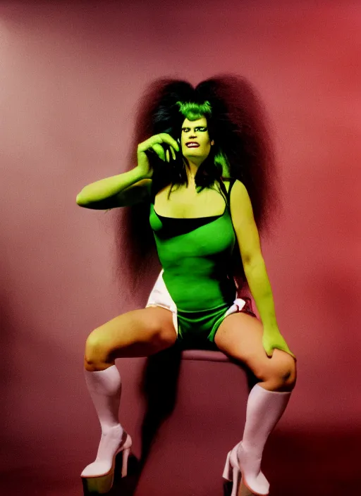 Image similar to a color photo portrait of she hulk in la wearing 6 0's fashion by tim walker, dramatic lighting, 7 5 mm lens, sharp focus.