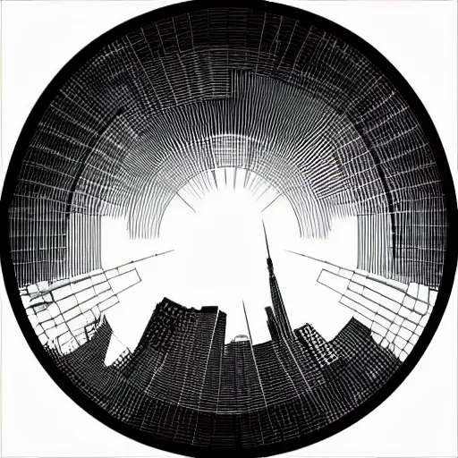 Image similar to a perfect circle where the inside is empty blank space and around the outer edge of the circle is the silhouette of a city skyline, black and white, minimalist, in the style of a charcoal drawing, made by david mellen