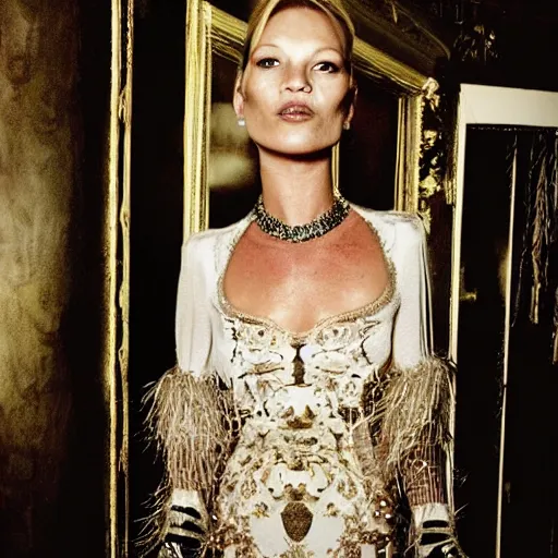 Prompt: portrait of kate moss dressed in mcqueen fashion