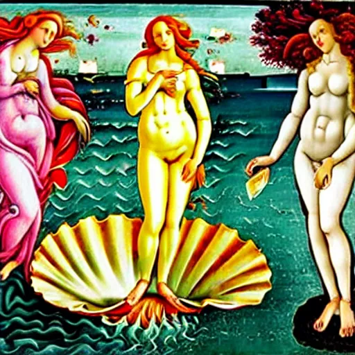 Image similar to birth of venus boticelli. emergeing from a sandwich. venus emerging from sandwich.