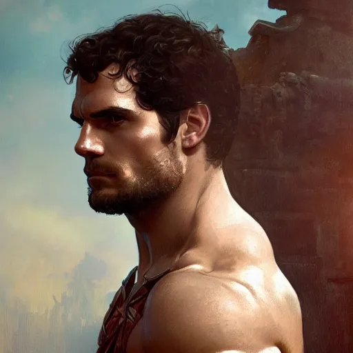 Image similar to henry cavill as a greek gladiator, gorgeous, amazing, muscular, intricate, highly detailed, digital painting, artstation, concept art, sharp focus, illustration, art by greg rutkowski and alphonse mucha