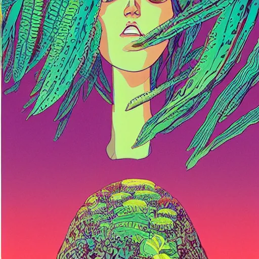 Image similar to gigantic girl faces, tiny robots, a lot of exotic vegetation around, risograph!, colorful flat surreal design, super - detailed, a lot of tiny details, fullshot, by luigi serafini and moebius