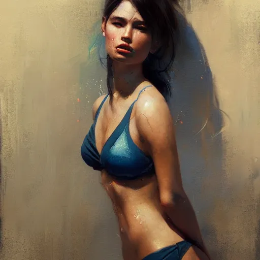 Image similar to bikini girl, expressive oil painting, by yoshitaka amano, by greg rutkowski, by jeremy lipking, by artgerm,, h e giger, digital art, octane render