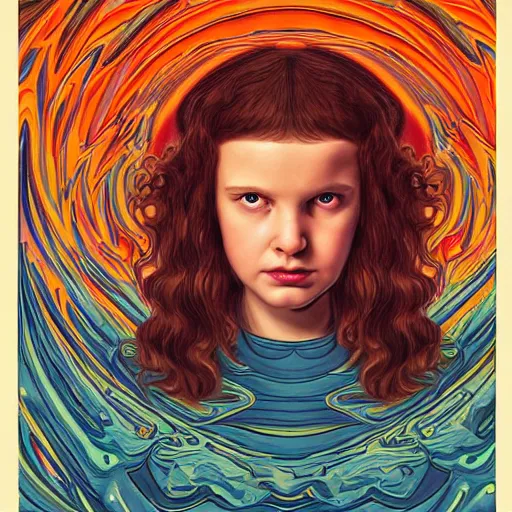 Image similar to stranger things by evelyn de morgan, by jack kirby funereal, kaleidoscopic. a print of a young woman holding an orange