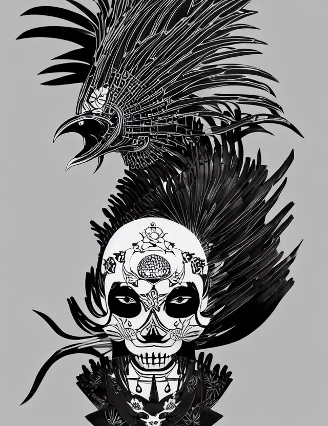 Image similar to 3 d goddess close - up profile simple portrait punk skull with mohawk with ram skull. beautiful intricately detailed japanese crow kitsune mask and clasical japanese kimono. betta fish, jellyfish phoenix, bio luminescent, plasma, ice, water, wind, creature, artwork by tooth wu and wlop and beeple and greg rutkowski