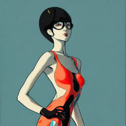 Prompt: thin girl with boyish body shape in catsuit. illustration by james jean and satoshi kon and erik jones, inspired by evangelion, smooth feature, intricate oil painting, high detail illustration, sharp high detail