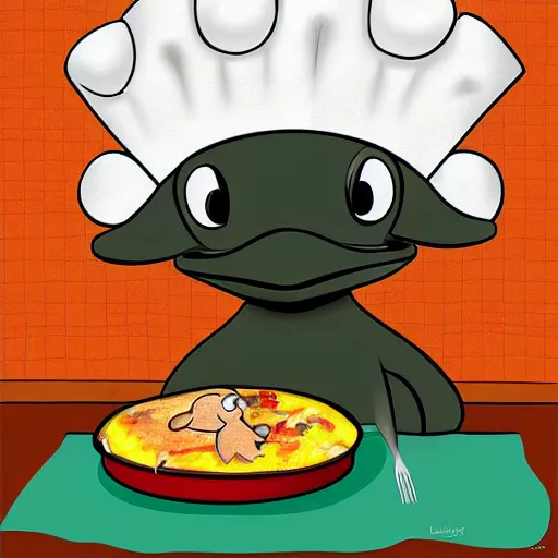 Image similar to cute platypus on a kitchen wearing a chef hat and holding a lasagna into an oven, digital art