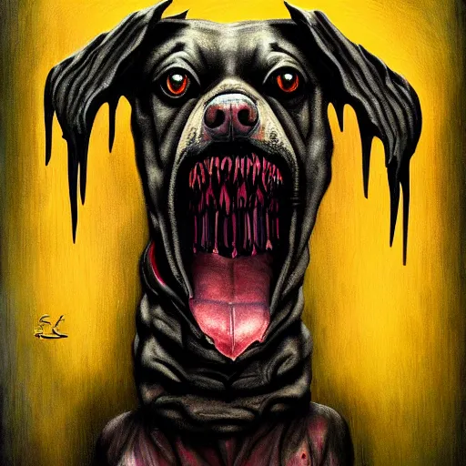 Image similar to scp horror nightmare dog, schizophrenia gothic nightmare dog with incredibly sharp teeth. highly detailed portrait, stylized oil painting, trending on artstation