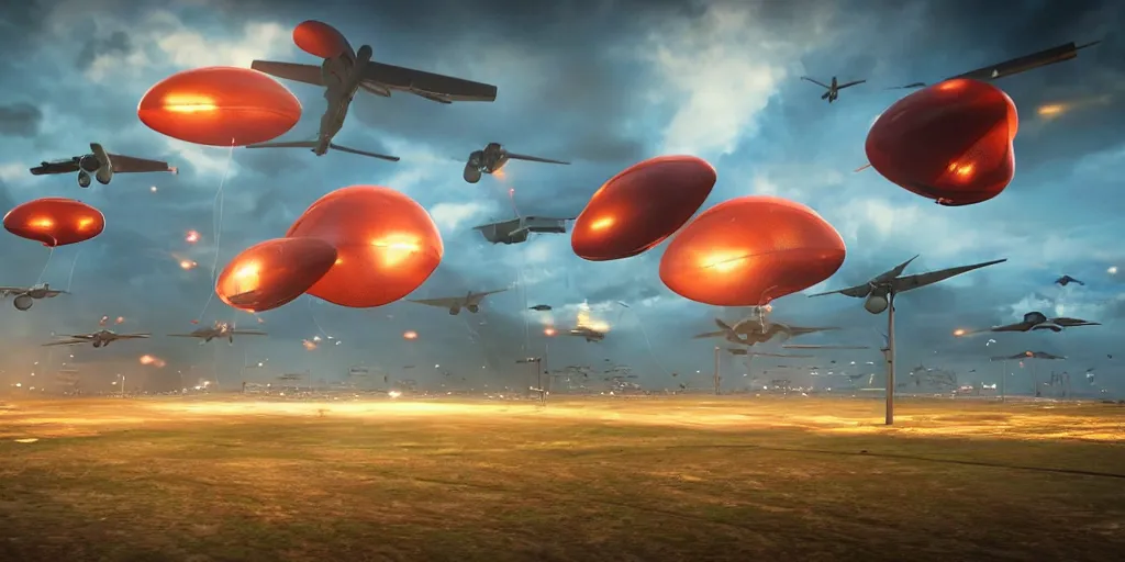 Prompt: giant flying tic tacs attacking a military air field, unreal engine render, octane render, realistic, intricate, detailed