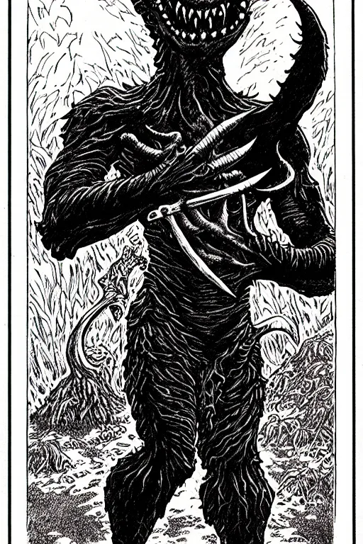Image similar to the fresno nightcrawler as a d & d monster, full body, pen - and - ink illustration, etching, by russ nicholson, david a trampier, larry elmore, 1 9 8 1, hq scan, intricate details, inside stylized border