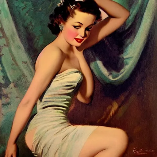 Image similar to beautiful woman in dress, by gil elvgren