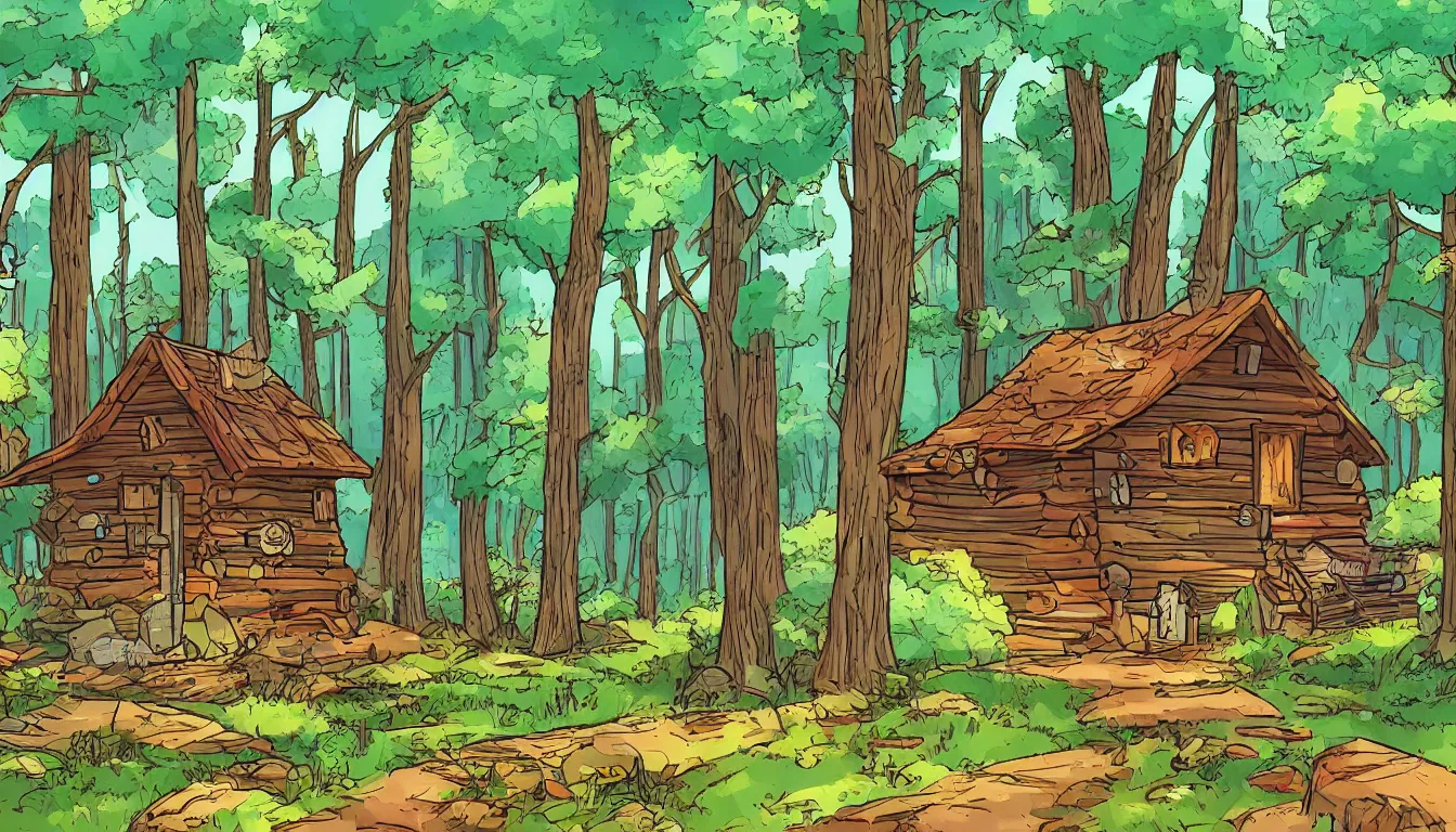 Prompt: a clearing in a forest with a cabin, Disney cartoon, animation, high detail, colorful