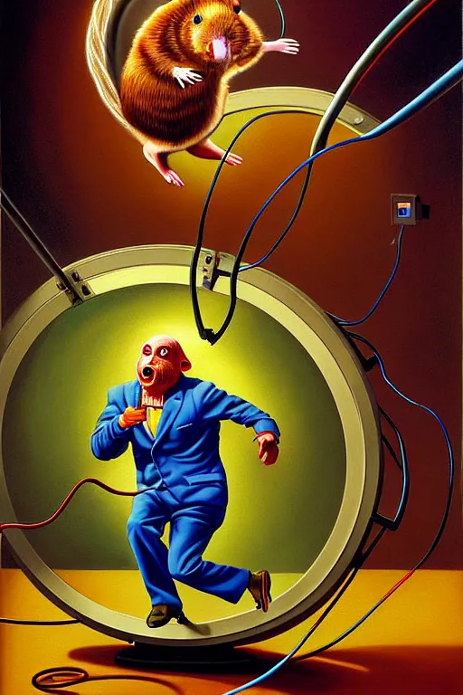 Prompt: a hyperrealistic painting of a man running on a hamster wheel, hooked up to wires and electrodes, powering a generator. cinematic horror by jimmy alonzo, the art of skinner, chris cunningham, lisa frank, richard corben, highly detailed, vivid color,