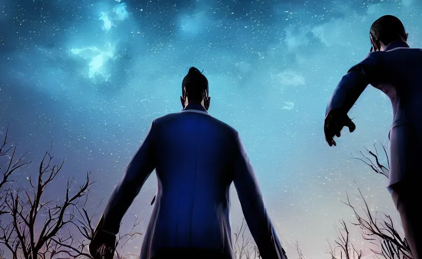 Prompt: cinematic view from behind a dead by daylight killer wearing a blue business suit looking up to the night sky, stars look like a scales of justice, character portrait, digital art