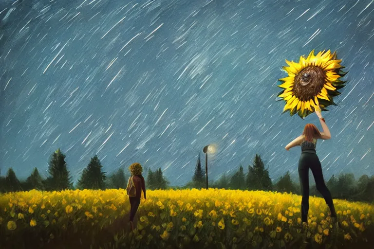 Image similar to giant sunflower as a head, girl walking between trees, hills, surreal photography, dark night, star trails, dramatic light, impressionist painting, clouds, digital painting, artstation, simon stalenhag