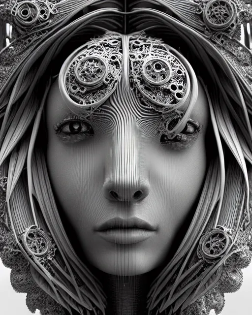 Image similar to mythical black and white organic bio-mechanical spinal ribbed profile face portrait detail of silver mechanical beautiful female angelic-queen-vegetal-cyborg, highly detailed, intricate steampunk flower ornate, poetic, 3D render, digital art, octane render, 8K artistic photography, photo-realistic, by Dora Maar