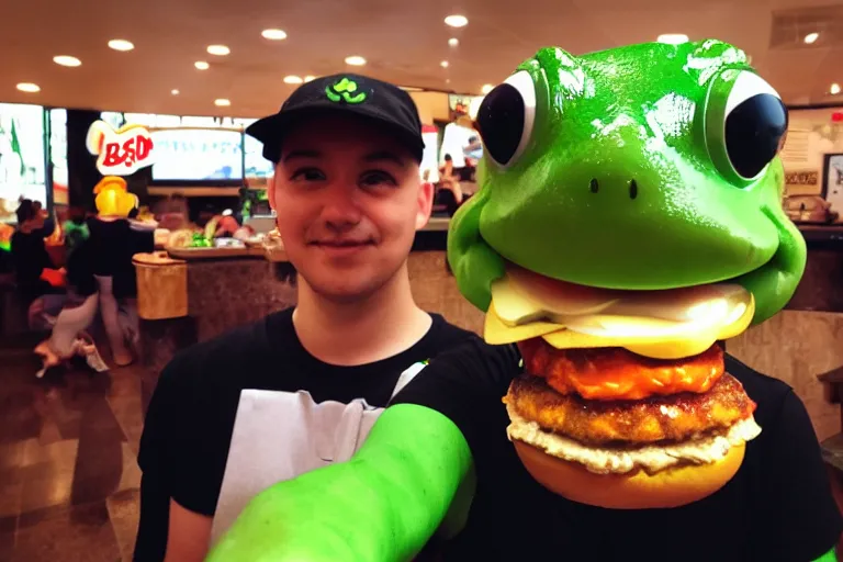 Image similar to I took a selfie with the corporate mascot of fast food chain frog burger, selfie photography, 55mm