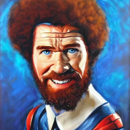 Image similar to Bob Ross as Captain America, oil painting, portrait