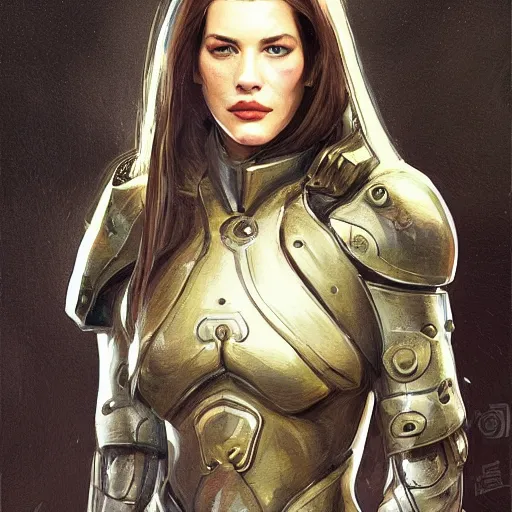 Image similar to a professional painting of a young Liv Tyler, clothes in military armor, olive skin, long dark hair, beautiful bone structure, symmetrical facial features, intricate, elegant, digital painting, concept art, smooth, sharp focus, illustration, from StarCraft by Ruan Jia and Mandy Jurgens and Artgerm and William-Adolphe Bouguerea”