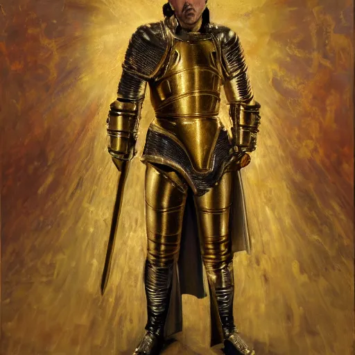 Image similar to Nicolas Cage in a gold armor, religious masterpiece portrait, oil on canvas, occult night, in the world of Andrew Wyeth and Dark Souls, artstation, by J. C. Leyendecker and Peter Paul Rubens,