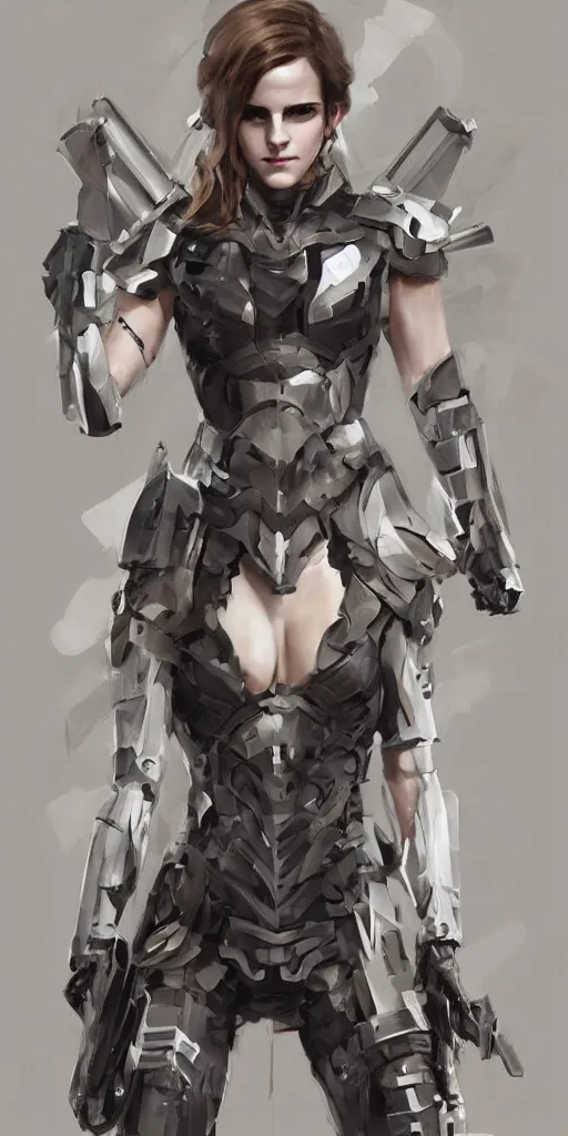 Prompt: fully body fashion model beautiful emma watson wearing military armor long dark hair beautiful bone structure symmetrical facial features intricate elegant digital painting concept art smooth sharp focus illustration from Metal Gear by by Sandra Chevrier by Ruan Jia and Mandy Jurgens by Artgerm by William-Adolphe Bouguerea