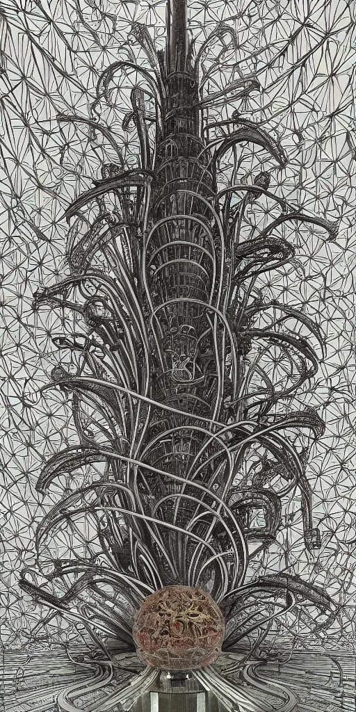 Image similar to colossal Beelzebub flower in the middle of post soviet constructivist cityscape, Stalinist architecture, brutalist architecture, ultradetailed, Intricate by James Jean and MC Esher and H.R. Giger