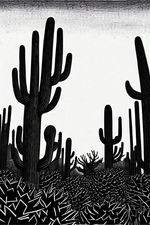 Prompt: a beautiful black ink linocut print of a giant cactus field, 8 k, frostbite 3 engine, cryengine, ground level shot, dof, trending on artstation, digital art, crepuscular ray
