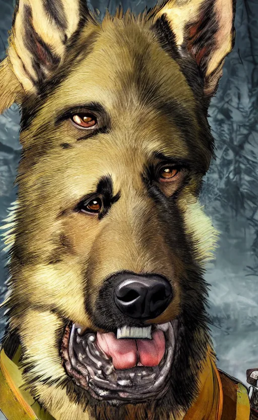 Image similar to close up character portrait icon of the german shepard beast - man military uniform head animal person wearing clothes standing in the bright forest, hidari, color page, tankoban, 4 k, tone mapping, akihiko yoshida