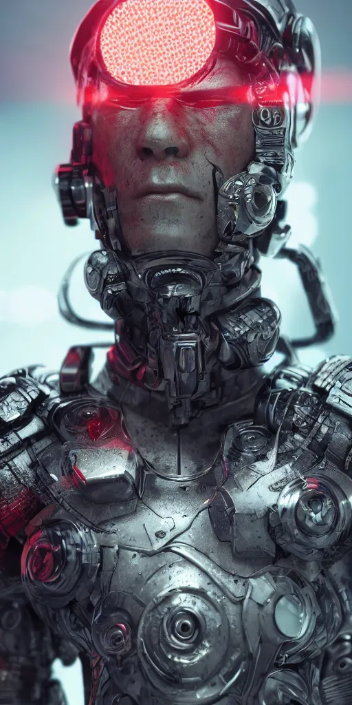 Image similar to ultra realistic and intricate detailed photograph of a cyborg samurai surrounding by neon lights, hyperrealistic, detailed, depth of field, High definition, 8k, depth of field, octane render, artstation