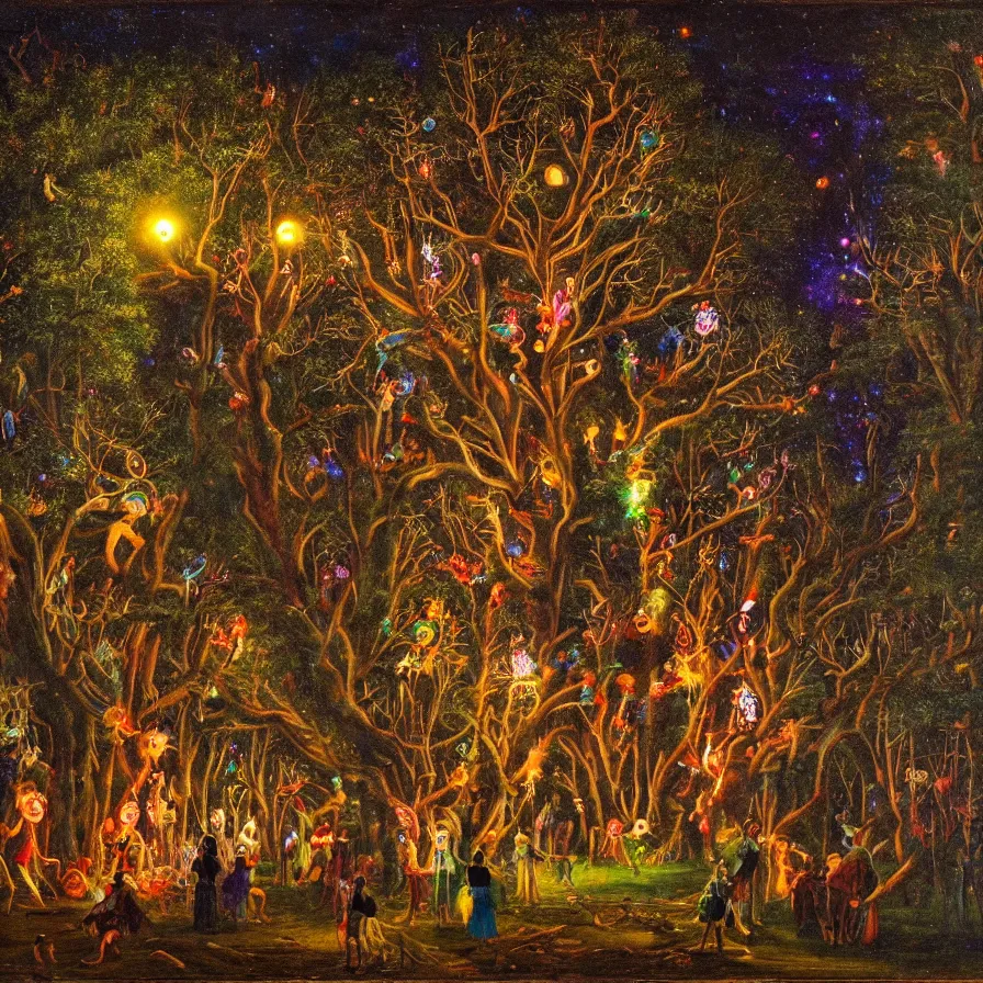 Prompt: a night carnival around a magical tree cavity, with a surreal orange moonlight and fireworks in the background, next to a lake with iridiscent water, christmas lights, folklore animals and people disguised as fantastic creatures in a magical forest by summer night, masterpiece painted by rogelio de egusquiza, dark night environment