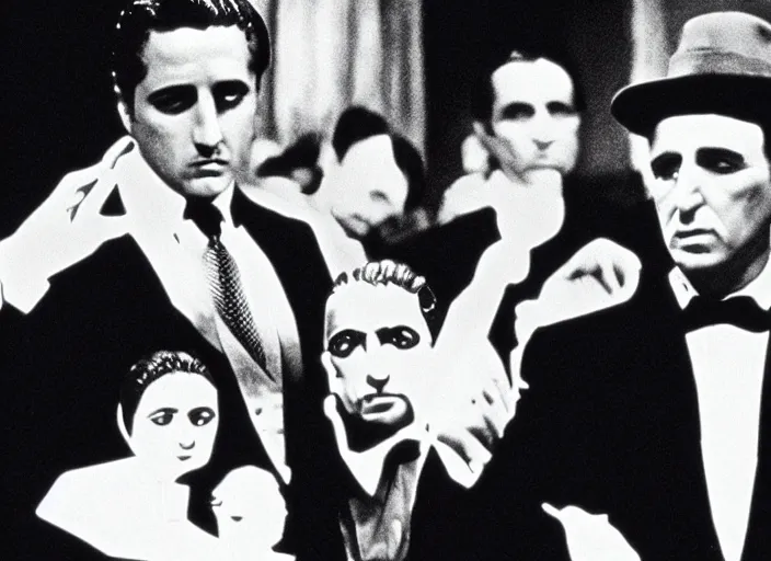 Prompt: A still from The Godfather with everyone played by sock puppets