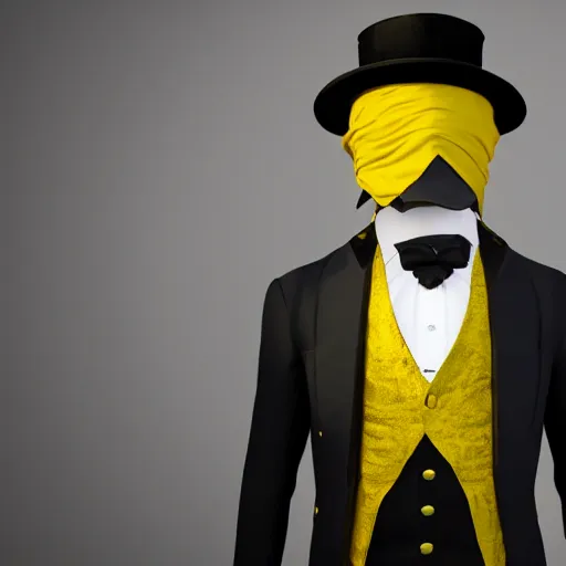 Image similar to a highly detailed portrait of a man in a high top hat covering his face, in a black tailcoat with a yellow waistcoat under the tailcoat, artstation, deviantart, professional, unreal engine 5, photorealistic