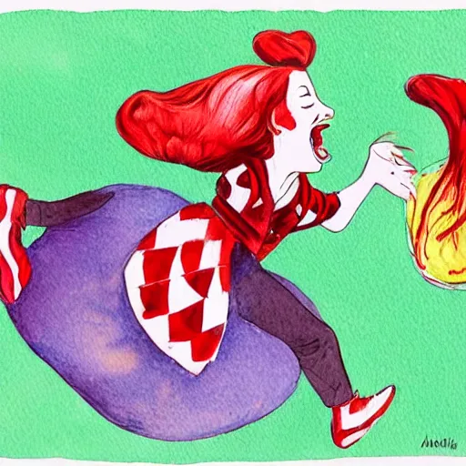 Image similar to action shot of alice from wonderland kicking the head of the red queen like a soccer ball the red queen has comical exes for eyes and her tongue is hanging out, illustration from a children's book, illustration in watercolor