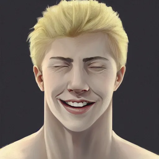 Prompt: A pregnant blond androgynous man with closed eyes smiling, very detailed sharp angular pale white masculine face, (12x) extremely pale white skin, hooked nose and square jaw long fluffy curly blond hair, light blond hair, gorgeous, beautiful, intricate, highly detailed, digital painting, artstation, concept art, sharp focus, illustration, art by greg rutkowski and alphonse mucha