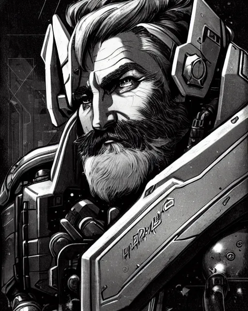 Image similar to reinhardt from overwatch, gray hair and beard, character portrait, portrait, close up, concept art, intricate details, highly detailed, vintage sci - fi poster, vintage sci - fi art, retro future, in the style of chris foss, rodger dean, moebius, michael whelan, and gustave dore