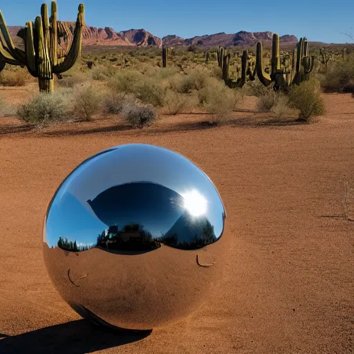 Image similar to a large metallic ball with a mirror finish sits in the arizona desert