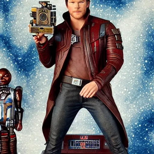 Prompt: the actor chris pratt as star lord posing with the doll chucky from the movie child's play, inside a starship, oil painting, by greg rutkowski