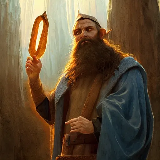 Prompt: A middle aged elf, brown hair and a raised hand, long beard, blue robes with runic symbols, detailed face, highly detailed, cinematic lighting, digital art painting by greg rutkowski.