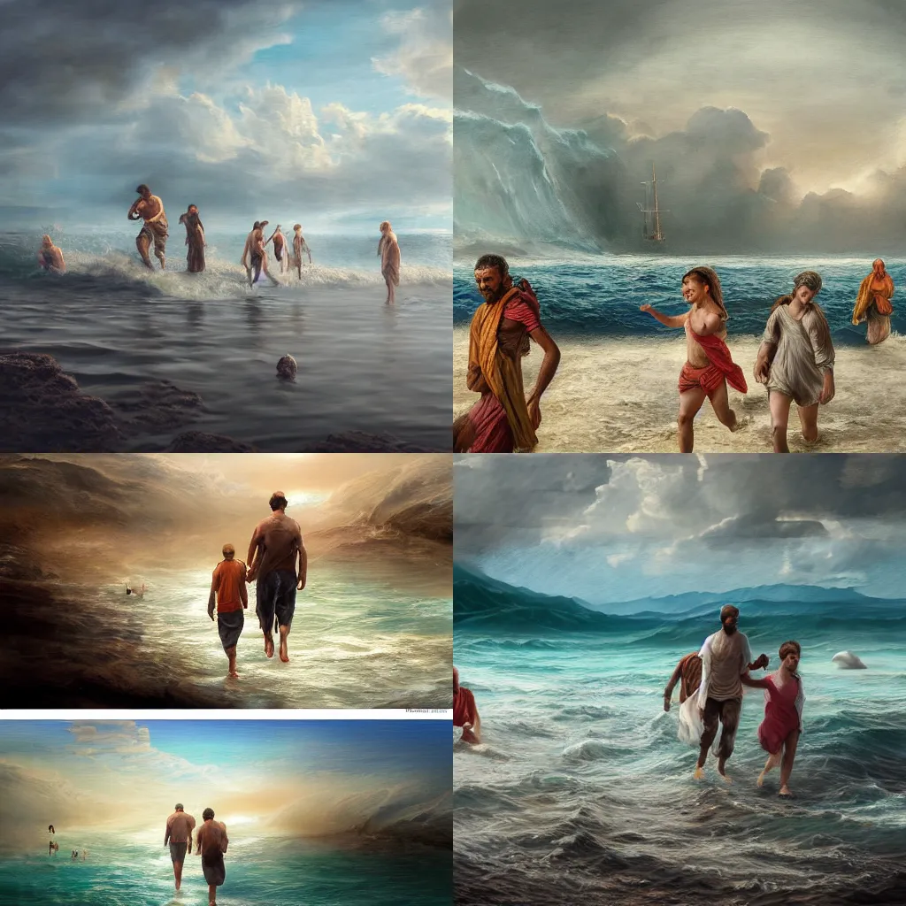 Prompt: illustration of people walking on dry land through the middle of the ocean, realistic painting, classical painting, high definition, digital art, matte painting, very detailed, realistic