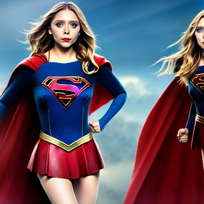 Image similar to professional full length photograph of elizabeth olsen as supergirl. Extremely detailed. 8k