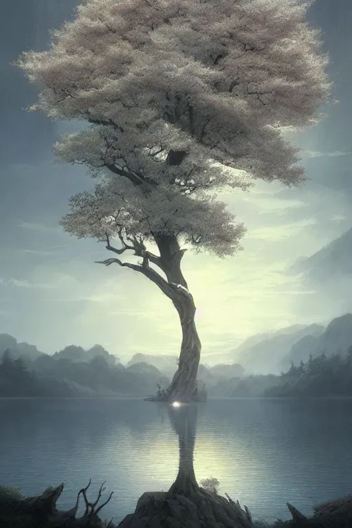 Image similar to vanishing point a single sakura tree upon a lake, viewed from afar, stephen bliss, mist, unreal engine, fantasy art by greg rutkowski, loish, rhads, ferdinand knab, makoto shinkai and lois van baarle, ilya kuvshinov, rossdraws, tom bagshaw, global illumination, radiant light, minimalist, detailed and intricate environment