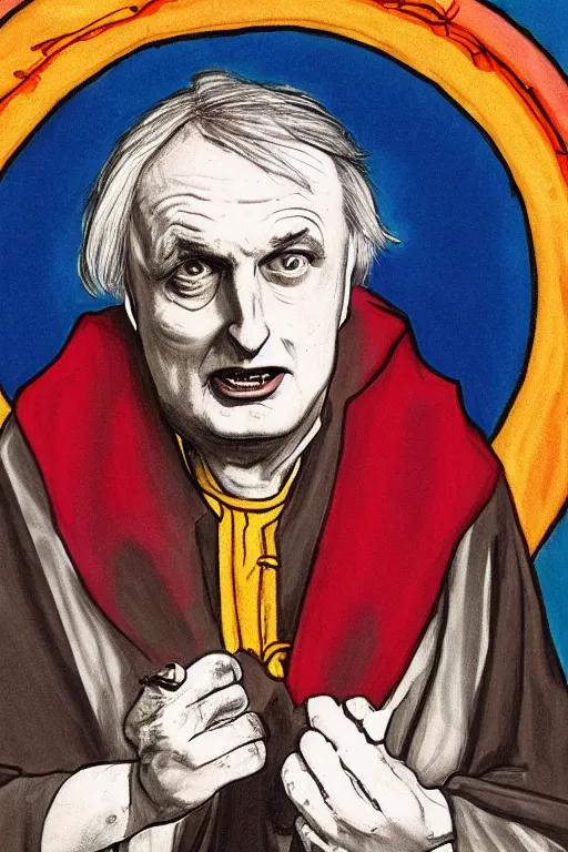 Image similar to colored illustration of Richard Dawkins as a satanic high priest, by Julie Doucet