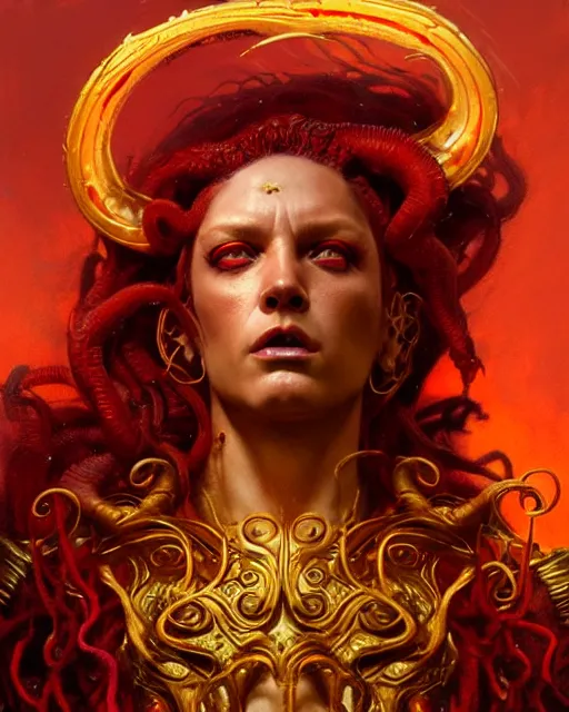 Image similar to fierce medusa in an epic red and golden robe, fantasy character portrait, ultra realistic, concept art, intricate details, highly detailed by greg rutkowski, gaston bussiere, craig mullins, simon bisley