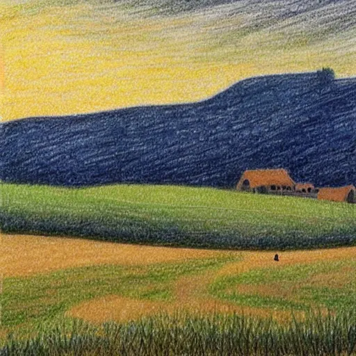 Image similar to This drawing captures the beauty of the countryside in all its simplicity. The rolling hills and fields are bathed in a warm, golden light, and the peaceful scene is punctuated by a few small houses and a winding road. The brushwork is loose and expressive, and the overall effect is one of serenity and calm. 1970s grainy vintage illustration, Mayan by Hiroshi Nagai, by Carlo Crivelli playful, improvisational