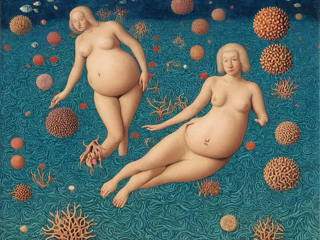 Prompt: Pregnant albino woman at the bottom of the ocean. Starfish, urchins, copepods, sea weed, rust, glowing eyes, phosphorescent cuttlefish. Painting by Lucas Cranach, Rene Magritte, Jean Delville, Max Ernst, Maria Sybilla Merian