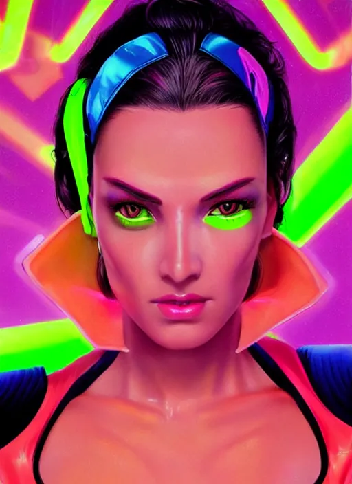 Image similar to gorgeous android woman facial portrait dressed in an aerobic sci - fi outfit of the eighties with neon colors and head band, retro, beautiful lights, vintage look, depth of field, hyper realistic, illustration, airbrush, 8 k, intricate, duo tone, art by david la chapelle and philip castle, artgerm