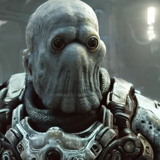 Image similar to squidward in gears of war, splash art, movie still, detailed face, photorealistic facial features, cinematic lighting, dramatic, octane render, long lens, shallow depth of field, bokeh, anamorphic lens flare, 8 k, hyper detailed, 3 5 mm film grain